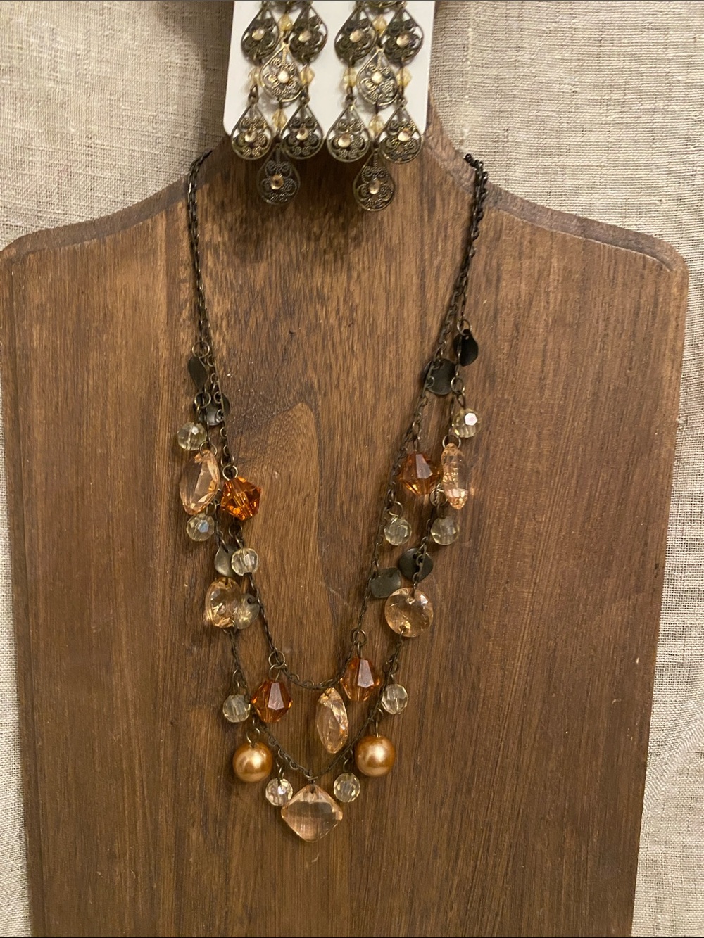 Premiere Designs Multi-Strand Amber Crystal Necklace & Chandelier Earrings